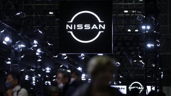 Signage for Nissan Motor Co. displayed at the Tokyo Auto Salon in Chiba, Japan, on Friday, Jan. 10, 2025. The annual event runs through Jan. 12. Photographer: Kiyoshi Ota/Bloomberg