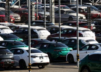 Newly manufactured Alfa Romeo vehicles parked at the Stellantis NV factory in Cassino, Italy, on Thursday, Feb. 6, 2025. Auto stocks around the world slumped Monday after US President Donald Trumps new tariffs threatened to cut into sales from factories in Mexico and Canada. Photographer: Alessia Pierdomenico/Bloomberg