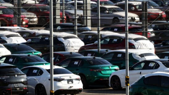 Newly manufactured Alfa Romeo vehicles parked at the Stellantis NV factory in Cassino, Italy, on Thursday, Feb. 6, 2025. Auto stocks around the world slumped Monday after US President Donald Trumps new tariffs threatened to cut into sales from factories in Mexico and Canada. Photographer: Alessia Pierdomenico/Bloomberg