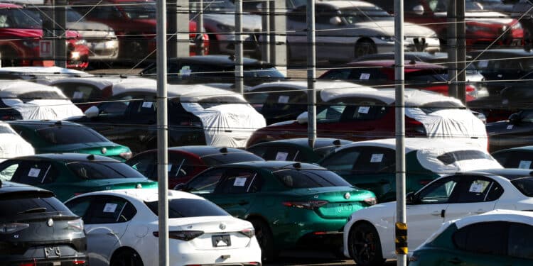 Newly manufactured Alfa Romeo vehicles parked at the Stellantis NV factory in Cassino, Italy, on Thursday, Feb. 6, 2025. Auto stocks around the world slumped Monday after US President Donald TrumpÂ’s new tariffs threatened to cut into sales from factories in Mexico and Canada. Photographer: Alessia Pierdomenico/Bloomberg