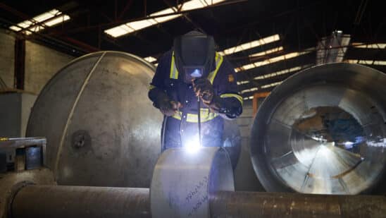 A worker welds a stainless steel part at a steel manufacturing facility in Mexico City, Mexico, on Thursday, Feb. 6, 2025. Uncertainty is taking hold among North American businesses that rely on imports, forcing companies to reassess supply chains and operations.