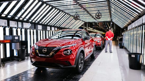 The production line of hybrid Nissan Juke and Hybrid Nissan Qasqhai sports utility vehicles at the Nissan Motor Co. factory in Sunderland, UK, on Friday, Nov. 24, 2023. Nissan will significantly ramp up electric-vehicle production in the UK with a 2 billion ($2.5 billion) investment at its Sunderland site in a boon to the country's car industry. Photographer: Jose Sarmento Matos/Bloomberg