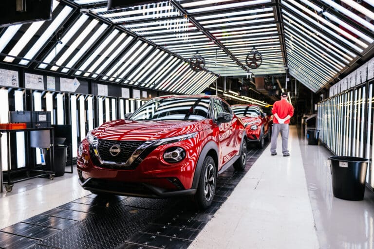 The production line of hybrid Nissan Juke and Hybrid Nissan Qasqhai sports utility vehicles at the Nissan Motor Co. factory in Sunderland, UK, on Friday, Nov. 24, 2023. Nissan will significantly ramp up electric-vehicle production in the UK with a 2 billion ($2.5 billion) investment at its Sunderland site in a boon to the country's car industry. Photographer: Jose Sarmento Matos/Bloomberg