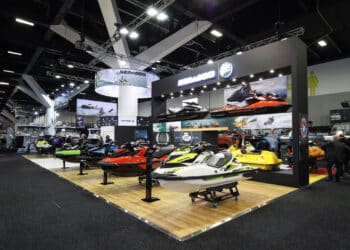 Bombardier Recreational Products Inc.'s (BRP) Sea-Doo water vehicles are displayed at the company's stand during the Sydney International Boat Show in Sydney, Australia, on Thursday, Aug. 3, 2017. The show runs through to Aug. 7. Photographer: Brendon Thorne/Bloomberg