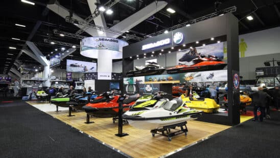 Bombardier Recreational Products Inc.'s (BRP) Sea-Doo water vehicles are displayed at the company's stand during the Sydney International Boat Show in Sydney, Australia, on Thursday, Aug. 3, 2017. The show runs through to Aug. 7. Photographer: Brendon Thorne/Bloomberg