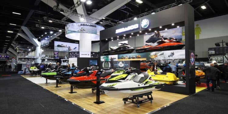 Bombardier Recreational Products Inc.'s (BRP) Sea-Doo water vehicles are displayed at the company's stand during the Sydney International Boat Show in Sydney, Australia, on Thursday, Aug. 3, 2017. The show runs through to Aug. 7. Photographer: Brendon Thorne/Bloomberg