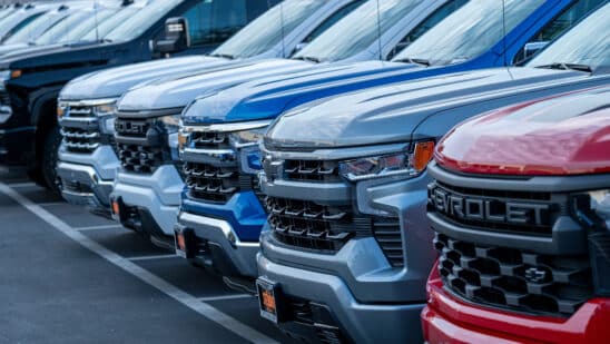 Chevrolet Silverado pick-up trucks at a dealership in Colma, California. Photographer: David Paul Morris/Bloomberg