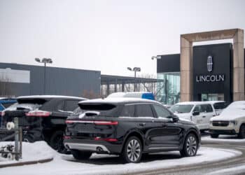 A Ford dealership in Montreal, Quebec, Canada, on Thursday, Feb. 27, 2025. Donald Trumps tariff threats stand to hurt American economic interests because they would disturb automotive supply chains where the US is strong and drive up consumer prices, said the head of General Motors Co.s Canadian unit.