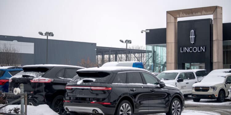 A Ford dealership in Montreal, Quebec, Canada, on Thursday, Feb. 27, 2025. Donald Trumps tariff threats stand to hurt American economic interests because they would disturb automotive supply chains where the US is strong and drive up consumer prices, said the head of General Motors Co.s Canadian unit.