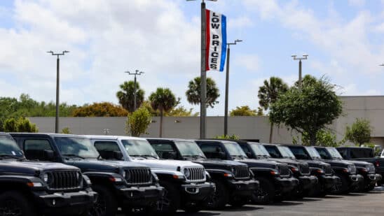 New Jeep vehicles displayed for sale at a Stellantis NV dealership in Miami, Florida, US, on Saturday, April 5, 2025. Car buyers have been rushing to US showrooms to lock in deals before potential price hikes, and automakers are bracing for significant potential cost increases and supply-chain turmoil, with some companies planning to temporarily halt production or reduce overtime. Photographer: Eva Marie Uzcategui/Bloomberg