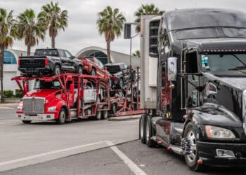 A semi-truck carrying new vehicles at the Otay Mesa port of entry in San Diego, California.