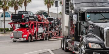 A semi-truck carrying new vehicles at the Otay Mesa port of entry in San Diego, California.