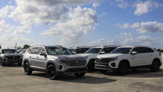 New vehicles displayed for sale at a Volkswagen AG (VW) dealership in Miami, Florida, US, on Saturday, April 5, 2025. Car buyers have been rushing to US showrooms to lock in deals before potential price hikes, and automakers are bracing for significant potential cost increases and supply-chain turmoil, with some companies planning to temporarily halt production or reduce overtime. Photographer: Eva Marie Uzcategui/Bloomberg