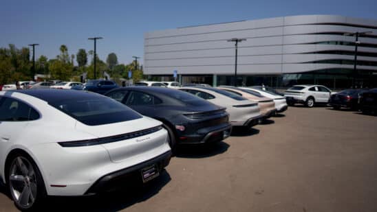 New Porsche vehicles for sale at a Porsche dealership in Los Angeles, California, US, on Wednesday, April 30, 2025. Companies around the world are sounding a warning that US President Donald Trump's import tariffs are beginning to wreak havoc on their businesses. Photographer: Eric Thayer/Bloomberg