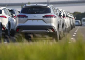Toyota Motor Corp. Corolla Cross sport utility vehicles (SUV) bound for shipment at the Port of Nagoya in Tokai, Aichi Prefecture, Japan, on Tuesday, April 29, 2025. Toyota Motor is scheduled to release earnings figures on May 8. Photographer: Toru Hanai/Bloomberg