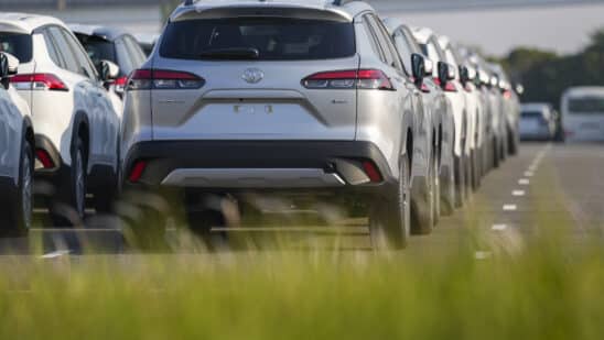 Toyota Motor Corp. Corolla Cross sport utility vehicles (SUV) bound for shipment at the Port of Nagoya in Tokai, Aichi Prefecture, Japan, on Tuesday, April 29, 2025. Toyota Motor is scheduled to release earnings figures on May 8. Photographer: Toru Hanai/Bloomberg