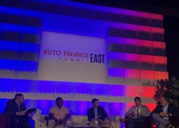 (From left: Fimanco President and Chief Executive Bruce Newmark, CPS VP of Risk Robert DeJarnette, Tricolor Holdings Chief Customer Officer Eduardo Perez, FinBe Chief Executive Scot Seagrave and Arivo Acceptance Chief Technical Officer Charles King.)
