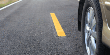 close up of car wheel on road
