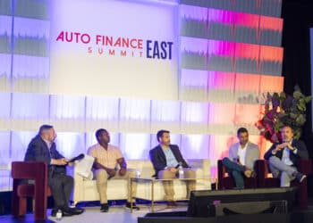 Bruce Newmark hosting a panel with Robert DeJarnette, VP of Risk Management at Consumer Portfolio Services, Charlie King the Chief Technology Officer at Arivo Acceptance, Eduardo Perez the Chief Customer Officer at Tricolor, and Scot Seagrave the Chief Executive Officer at FinBe USA during Auto Finance East Summit 2025 in Nashville, Tenn.