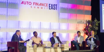 Bruce Newmark hosting a panel with Robert DeJarnette, VP of Risk Management at Consumer Portfolio Services, Charlie King the Chief Technology Officer at Arivo Acceptance, Eduardo Perez the Chief Customer Officer at Tricolor, and Scot Seagrave the Chief Executive Officer at FinBe USA during Auto Finance East Summit 2025 in Nashville, Tenn.