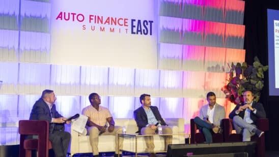 Bruce Newmark hosting a panel with Robert DeJarnette, VP of Risk Management at Consumer Portfolio Services, Charlie King the Chief Technology Officer at Arivo Acceptance, Eduardo Perez the Chief Customer Officer at Tricolor, and Scot Seagrave the Chief Executive Officer at FinBe USA during Auto Finance East Summit 2025 in Nashville, Tenn.