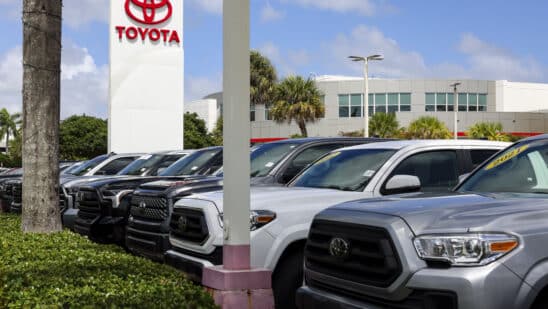 Used vehicles displayed for sale at a Toyota Motor Corp. dealership in Miami, Florida, US, on Saturday, April 5, 2025. Car buyers have been rushing to US showrooms to lock in deals before potential price hikes, and automakers are bracing for significant potential cost increases and supply-chain turmoil, with some companies planning to temporarily halt production or reduce overtime. Photographer: Eva Marie Uzcategui/Bloomberg