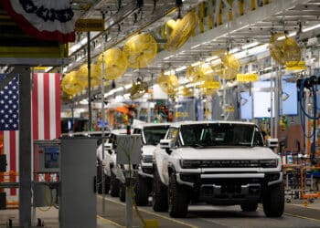 GMC Hummer electric vehicles on the production line at General Motors' Factory ZERO all-electric vehicle assembly plant in Detroit, Michigan, U.S., on Wednesday, Nov. 17, 2021. General Motors invested $2.2 billion in Factory ZERO, the single largest investment in a plant in GM history. Photographer: Emily Elconin/Bloomberg