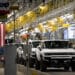 GMC Hummer electric vehicles on the production line at General Motors' Factory ZERO all-electric vehicle assembly plant in Detroit, Michigan, U.S., on Wednesday, Nov. 17, 2021. General Motors invested $2.2 billion in Factory ZERO, the single largest investment in a plant in GM history. Photographer: Emily Elconin/Bloomberg