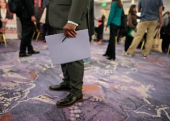 Job seekers attend a Diversity Career Group job fair in Los Angeles, California, US, on Thursday, April 17, 2025. Applications for US unemployment benefits fell to the lowest level in two months, consistent with a stable labor market.