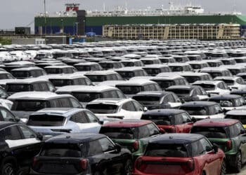 Vehicles waiting for shipment at a lot of a shipping terminal in Shanghai, China, on Thursday, July 25, 2024. Former President Donald Trump has reiterated an openness for Chinese automakers to build cars in the US as a way to boost the economy, signaling a potentially different approach from a Biden administration that has sought to keep out vehicles with links to the country.