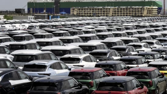 Vehicles waiting for shipment at a lot of a shipping terminal in Shanghai, China, on Thursday, July 25, 2024. Former President Donald Trump has reiterated an openness for Chinese automakers to build cars in the US as a way to boost the economy, signaling a potentially different approach from a Biden administration that has sought to keep out vehicles with links to the country.