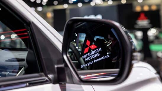The Mitsubishi Motors logo is seen in the sideview mirror or a Pajero Sport on display at the Bangkok Motor Show in Bangkok, Thailand, on Monday, March 25, 2024. Photographer: Andre Malerba/Bloomberg