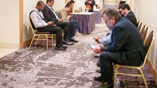Job seekers attend a job fair in Los Angeles. Photographer: Eric Thayer/Bloomberg