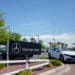 A Mercedes-Benz EQS electric vehicle at a Mercedes-Benz dealership in Tucson, Arizona.