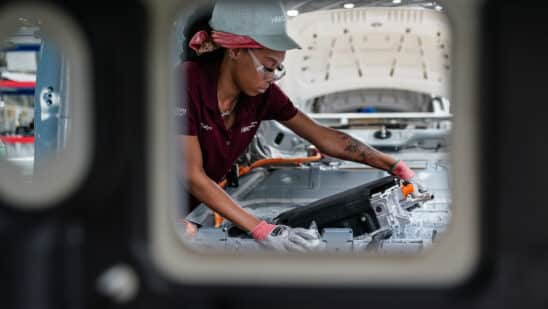 An employee works on a vehicle on the production floor at the Hyundai Metaplant in Ellabell, Georgia, U.S., on Wednesday, June 11, 2025. Photographer: Elijah Nouvelage/Bloomberg