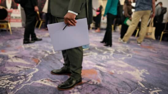 Job seekers attend a Diversity Career Group job fair in Los Angeles, California, US, on Thursday, April 17, 2025. Applications for US unemployment benefits fell to the lowest level in two months, consistent with a stable labor market.