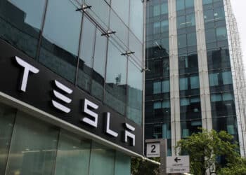 The Tesla Inc. logo displayed at company's newly opened store at Bandra Kurla Complex (BKC) in Mumbai, India, on Tuesday, July 15, 2025. Photographer: Dhiraj Singh/Bloomberg.