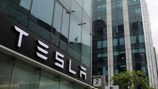 The Tesla Inc. logo displayed at company's newly opened store at Bandra Kurla Complex (BKC) in Mumbai, India, on Tuesday, July 15, 2025. Photographer: Dhiraj Singh/Bloomberg.