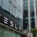 The Tesla Inc. logo displayed at company's newly opened store at Bandra Kurla Complex (BKC) in Mumbai, India, on Tuesday, July 15, 2025. Photographer: Dhiraj Singh/Bloomberg.