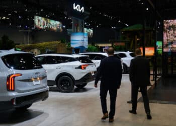 Kia sport utility vehicles (SUV) during the 2025 New York International Auto Show (NYIAS) in New York, US, on Wednesday, April 16, 2025. The event, which first opened in November 1900, is North America's oldest and largest attended auto show.