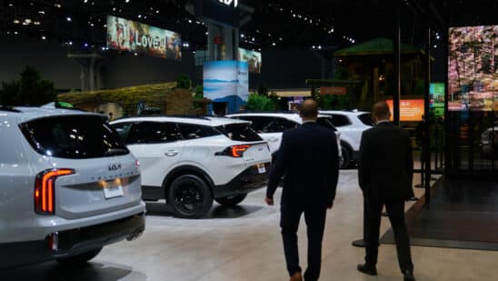 Kia sport utility vehicles (SUV) during the 2025 New York International Auto Show (NYIAS) in New York, US, on Wednesday, April 16, 2025. The event, which first opened in November 1900, is North America's oldest and largest attended auto show.