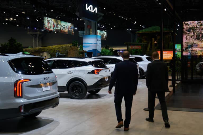 Kia sport utility vehicles (SUV) during the 2025 New York International Auto Show (NYIAS) in New York, US, on Wednesday, April 16, 2025. The event, which first opened in November 1900, is North America's oldest and largest attended auto show.