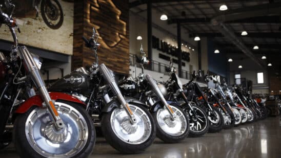 Motorcycles on the showroom floor at a Harley-Davidson dealership in Louisville, Kentucky, US. Photographer: Luke Sharrett/Bloomberg