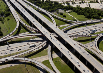 aerial shot of cars on many connected roads
