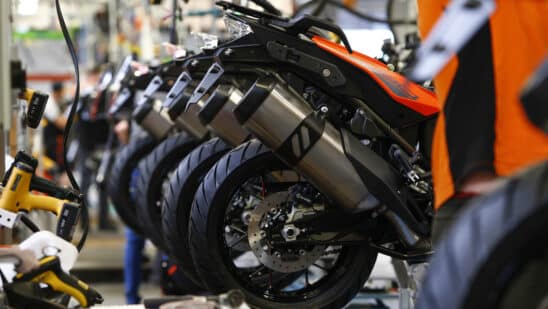 Partly-assembled KTM 1290 super adventure motorcycles sit on the assembly line inside the KTM-Sportmotorcycle AG motorcycle manufacturing facility in Mattighofen, Austria, on Monday, April 29, 2019. As Austria emerged from the rubble of World War II, KTM churned out inexpensive, durable two-wheelers to help a broken nation hit the road again. Photographer: Michaela Handrek-Rehle/Bloomberg