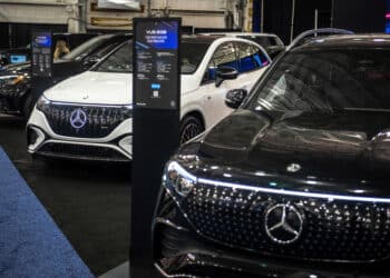 Mercedes-Benz electric vehicles (EV) during the Montreal Electric Vehicle Show in Montreal, Quebec, Canada, on Friday, May 2, 2025. The event gathers over 15 car manufacturers for the largest event in Canada entirely dedicated to electromobility. Photographer: Andrej Ivanov/Bloomberg