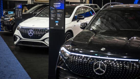 Mercedes-Benz electric vehicles (EV) during the Montreal Electric Vehicle Show in Montreal, Quebec, Canada, on Friday, May 2, 2025. The event gathers over 15 car manufacturers for the largest event in Canada entirely dedicated to electromobility. Photographer: Andrej Ivanov/Bloomberg