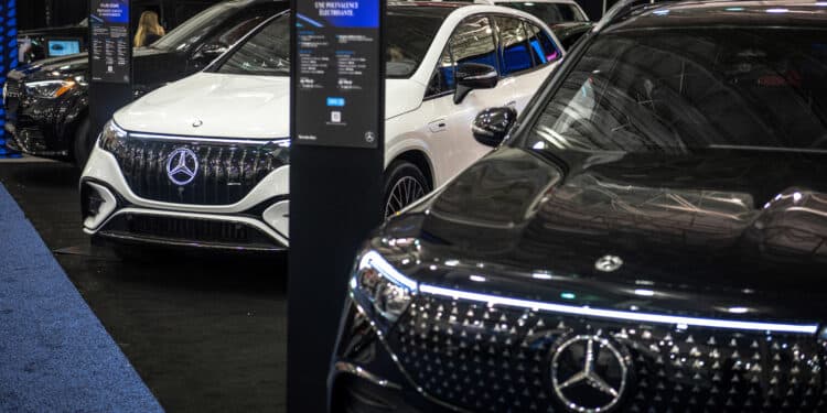 Mercedes-Benz electric vehicles (EV) during the Montreal Electric Vehicle Show in Montreal, Quebec, Canada, on Friday, May 2, 2025. The event gathers over 15 car manufacturers for the largest event in Canada entirely dedicated to electromobility. Photographer: Andrej Ivanov/Bloomberg