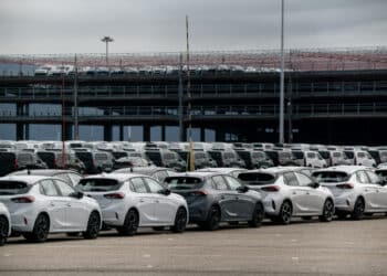 Newly manufactured Stellantis NV vehicles at the commercial port in Vigo, Spain, on Tuesday, July 22, 2025. Cars and tariff levels on agriculture have emerged as key sticking points between the European Union and the US as the two sides work toward a provisional trade agreement in the coming days, according to people familiar with the matter. Photographer: Brais Lorenzo/Bloomberg