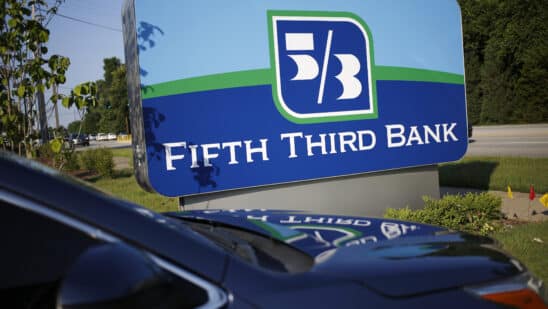 Signage is displayed outside a Fifth Third Bancorp branch in Louisville, Kentucky, U.S., on Thursday, July 12, 2018. Fifth Third Bancorp is scheduled to release earnings figures on July 19.